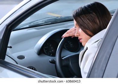 Beautiful Woman Is Sleeping In A Car