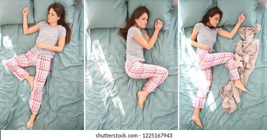 Beautiful woman sleeping in different positions on bed, top view - Shutterstock ID 1225167943