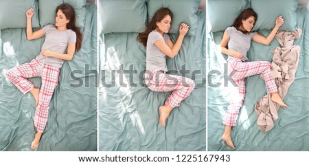 Beautiful woman sleeping in different positions on bed, top view
