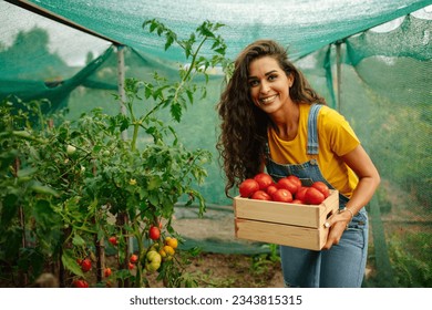 Beautiful woman smiling for the camera while holding a box full of tomatoes she has harvested in the organic garden - Powered by Shutterstock