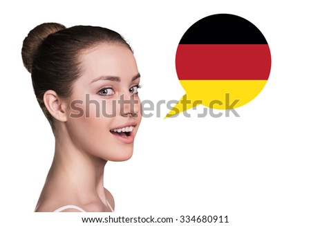 Beautiful woman speak.Bubble with German flag. Isolated background.