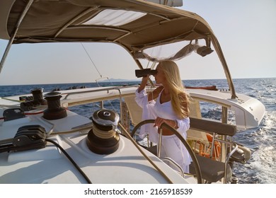 Beautiful Woman Standing On Yacht Captains Stock Photo 2165918539 ...