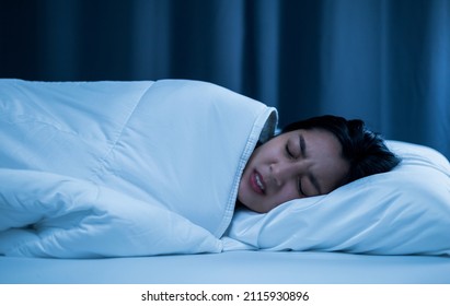 Beautiful Woman Stomach Ache Can't Fall Asleep Moving Restless On Bed At Night. Young Woman Having Period Pain Sleep Troubles Trying Can Not Sleep.