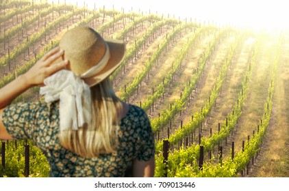 Beautiful Woman Strolling At A Winery On A Spring Day.