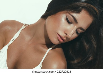 beautiful woman studio natural portrait with shine skin 