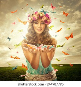 Beautiful woman surrounds many butterfly