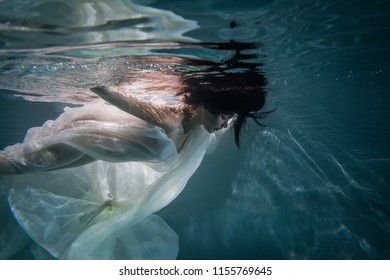 Beautiful Woman Swimming Underwater Elegant Dress Stock Photo ...