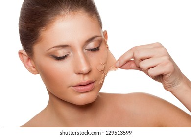 Beautiful Woman Taking Of Her Old Dry Skin From Face