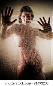 Beautiful Woman Taking A Hot Shower Focus On Glass