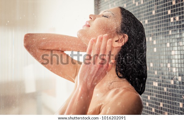 Beautiful Woman Taking Shower Her Bathroom Stock Photo Edit Now