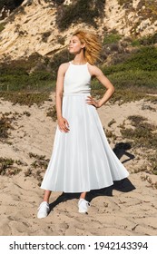 Beautiful Woman In Tank Top And Maxi Skirt Simple Summer Fashion Full Body Shoot