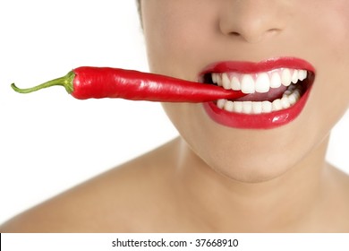 Beautiful Woman Teeth Eating Red Hot Chili Pepper