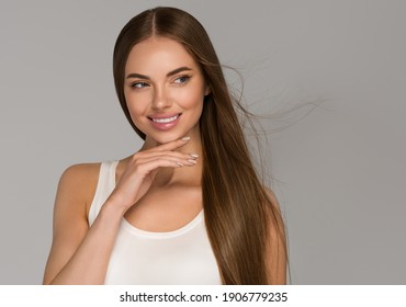 Beautiful Woman Teeth Smile With Healthy Long Hair Beauty Skin Clean And Fresh Female Young Model Portrait