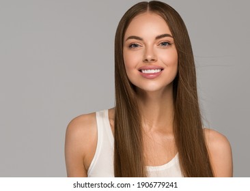 Beautiful Woman Teeth Smile With Healthy Long Hair Beauty Skin Clean And Fresh Female Young Model Portrait