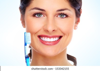 Beautiful Woman With Toothbrush. Dental Care Background.