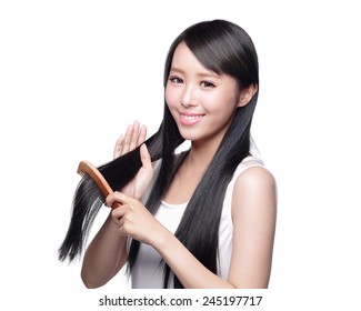 Beautiful Woman Touch Her Health Long Straight Hair Care With Smile Face, Asian Beauty Model