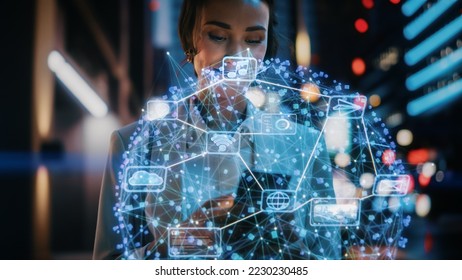 Beautiful Woman Using Smartphone on a City Street at Night. Businesswoman Using Mobile Phone, Infographics Show Productivity, Economics, e-Commerce, Finance, Statistics Graphs, Stock Market Data - Powered by Shutterstock