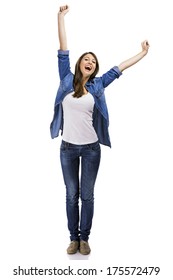 Beautiful Woman And Verry Happy Woman With Arms On The Air Isolated Over White Background Beautiful Woman And Verry Happy Woman With Arms On The Air Isolated Over White Background