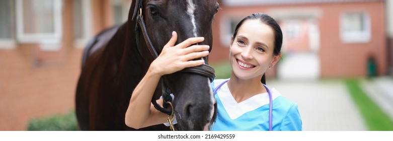 Beautiful Woman, Veterinarian Stroking A Horse