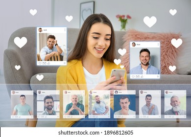 Beautiful woman visiting online dating site via smartphone indoors