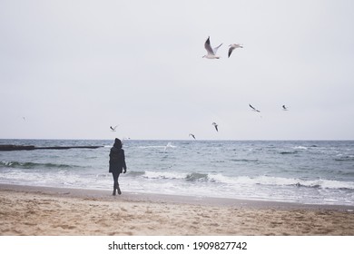 Beautiful Woman Walking On The Beach With Seagulls In Winter Time. Free Spirit Concept