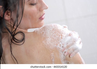 Beautiful Woman Washing Her Body Shower Gel