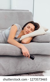 Beautiful Woman Watching TV Fell Asleep.