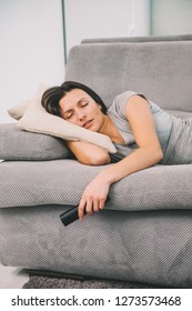 Beautiful Woman Watching TV Fell Asleep.