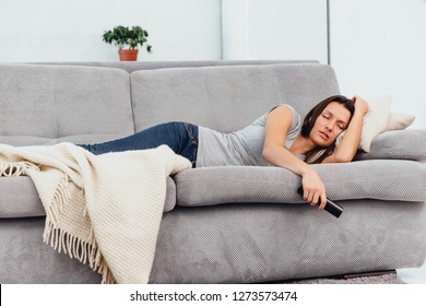 Beautiful Woman Watching TV Fell Asleep.