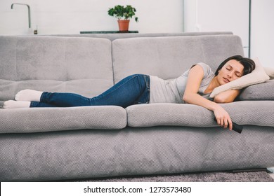 Beautiful Woman Watching TV Fell Asleep.