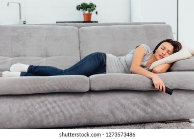 Beautiful Woman Watching TV Fell Asleep.