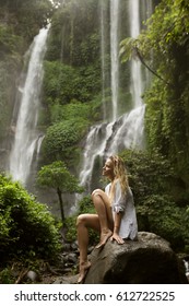 Beautiful Woman And Waterfall.