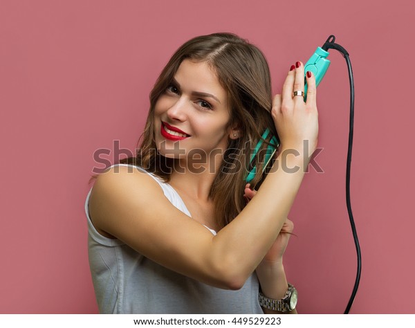 Beautiful Woman Wavy Hair Holding Hair Stock Photo Edit Now