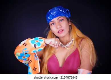 Beautiful Woman Wearing Bandana Over Black Background