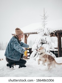 Beautiful Woman Wearing Knitted Sweater And Leather Pants, Playing With Her Dog In The Snow