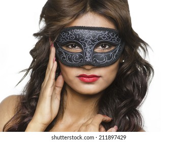 Beautiful Woman Wearing Mask - Mardi Gras Or Venetian Style Isolated Against White