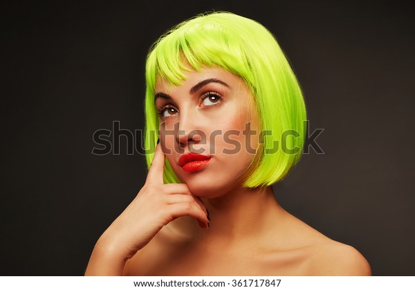 Beautiful Woman Wearing Short Hair Wig Stock Photo Edit Now