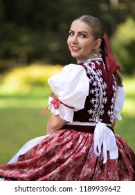 Beautiful Woman Wearing Traditional Eastern Europe Folk Costumes. Slovak Folk Costumes.