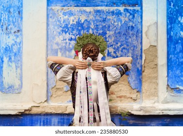 Beautiful Woman Wearing Traditional Eastern Europe Folk Costumes.