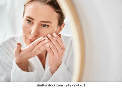 beautiful woman in white comfortable bathrobe wearing her contact lenses near mirror in bathroom - Powered by Shutterstock