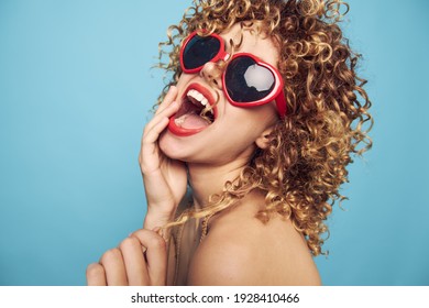 Beautiful woman Wide open mouth emotions laugh heart glasses 