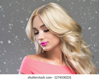 Beautiful Woman Winter Background Snowflakes With Long Blonde Beautiful Hair