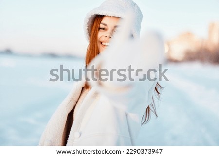 beautiful woman winter clothes walk snow cold vacation Fresh air