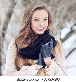 Beautiful Woman In Winter Park - Close Up