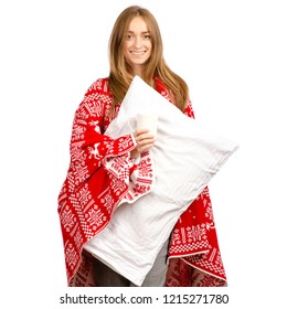 Beautiful Woman Winter Plaid Blanket In Hands Pillow Cup Mug Of Tea Coffee On A White Background. Isolation