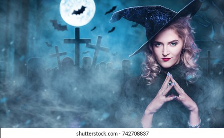 Beautiful Woman Witch In The Cemetery. Halloween, Costume For A Party.