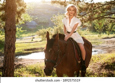 Beautiful woman in the woods with a horse summer day
