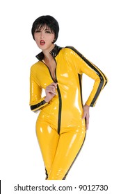 Beautiful Woman In Yellow Latex Jump Suit