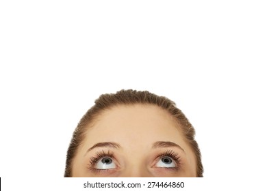 Beautiful Woman's Eyes Looking Up On Space.