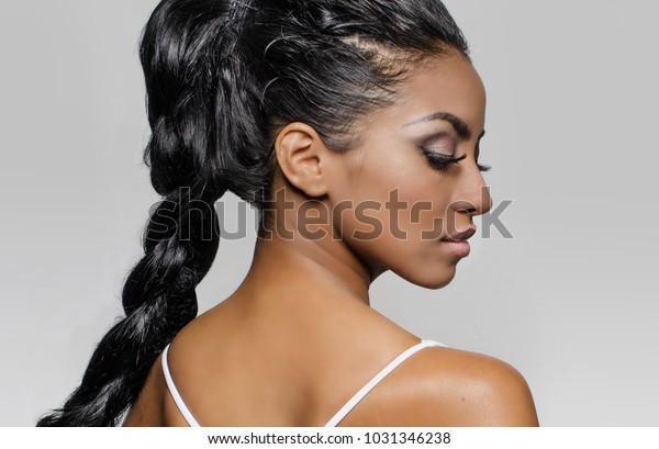 Beautiful Womans Face Profile Hair Braided Stockfoto Jetzt